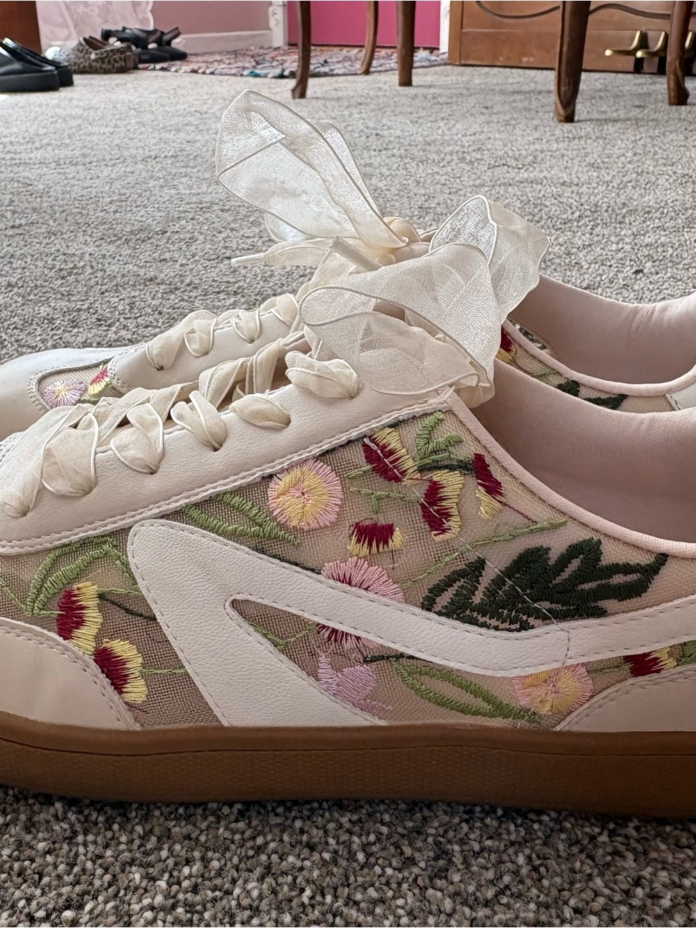 Dolce Vita Cream Floral Mesh Low-Top Sneakers with Ribbon Laces